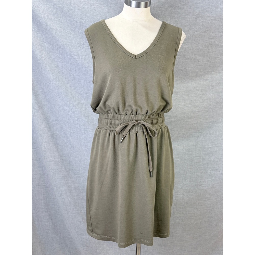 Evereve Womens Olive Green Sleeveless V-Neck Smocked Waist Drawstring Dress M